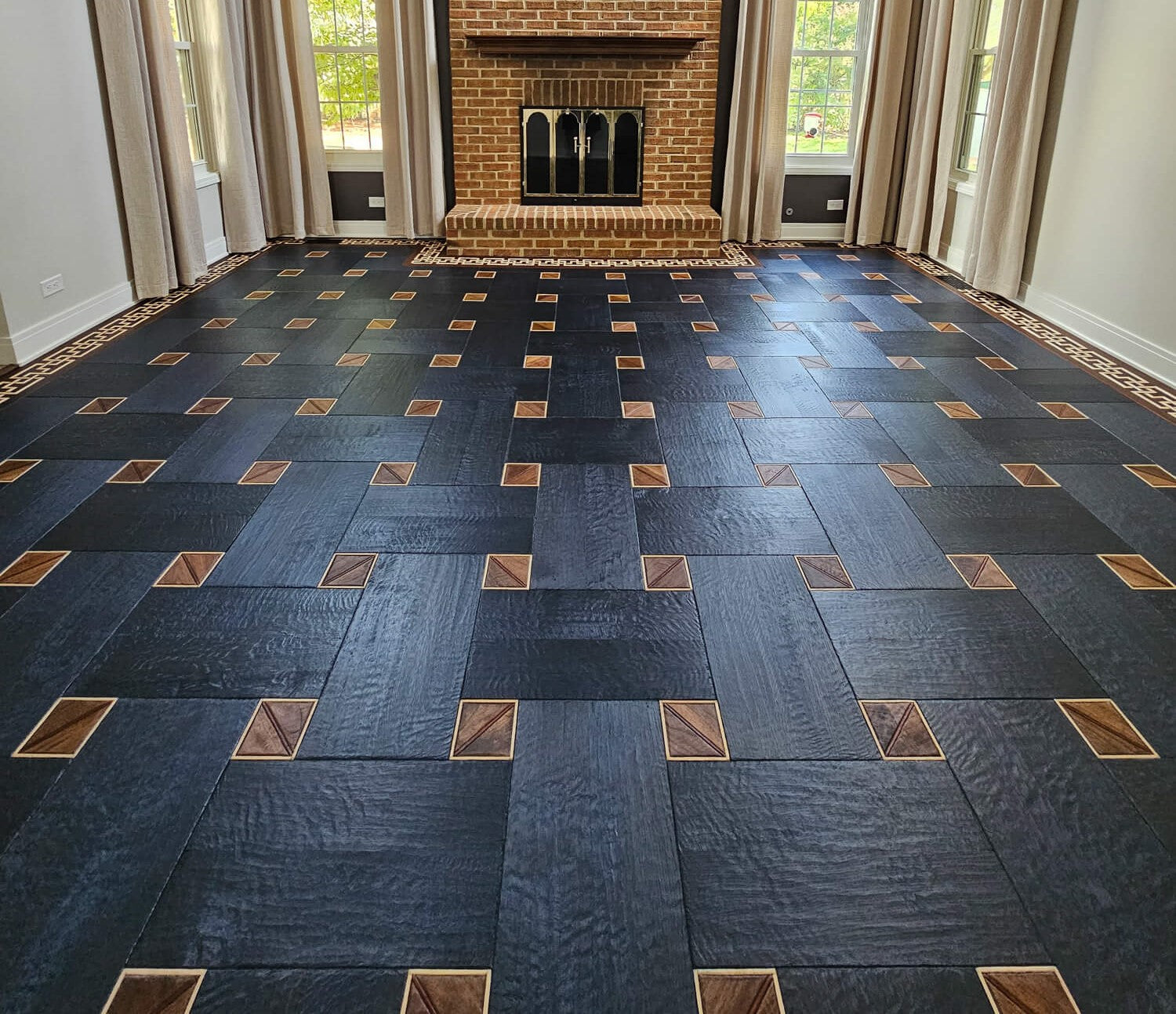 Stunning parquet wood floor inspiration featuring white oak, walnut, maple, and bubinga woods! It was finished using Rubio Monocoat wood finish products including Pre-Aging and Oil Plus 2C.