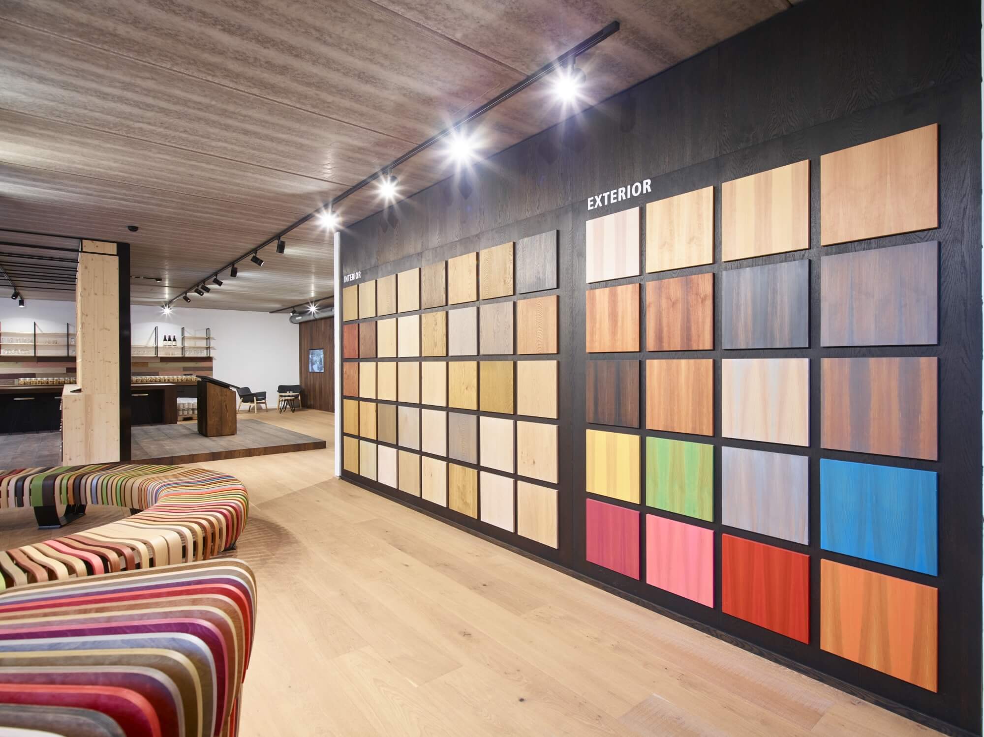 Rubio Monocoat colors on display at the Rubio Monocoat headquarters in Belgium.