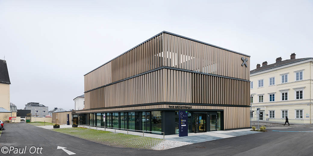 Beautiful business headquarters features larch exterior finished with Rubio WoodCream.