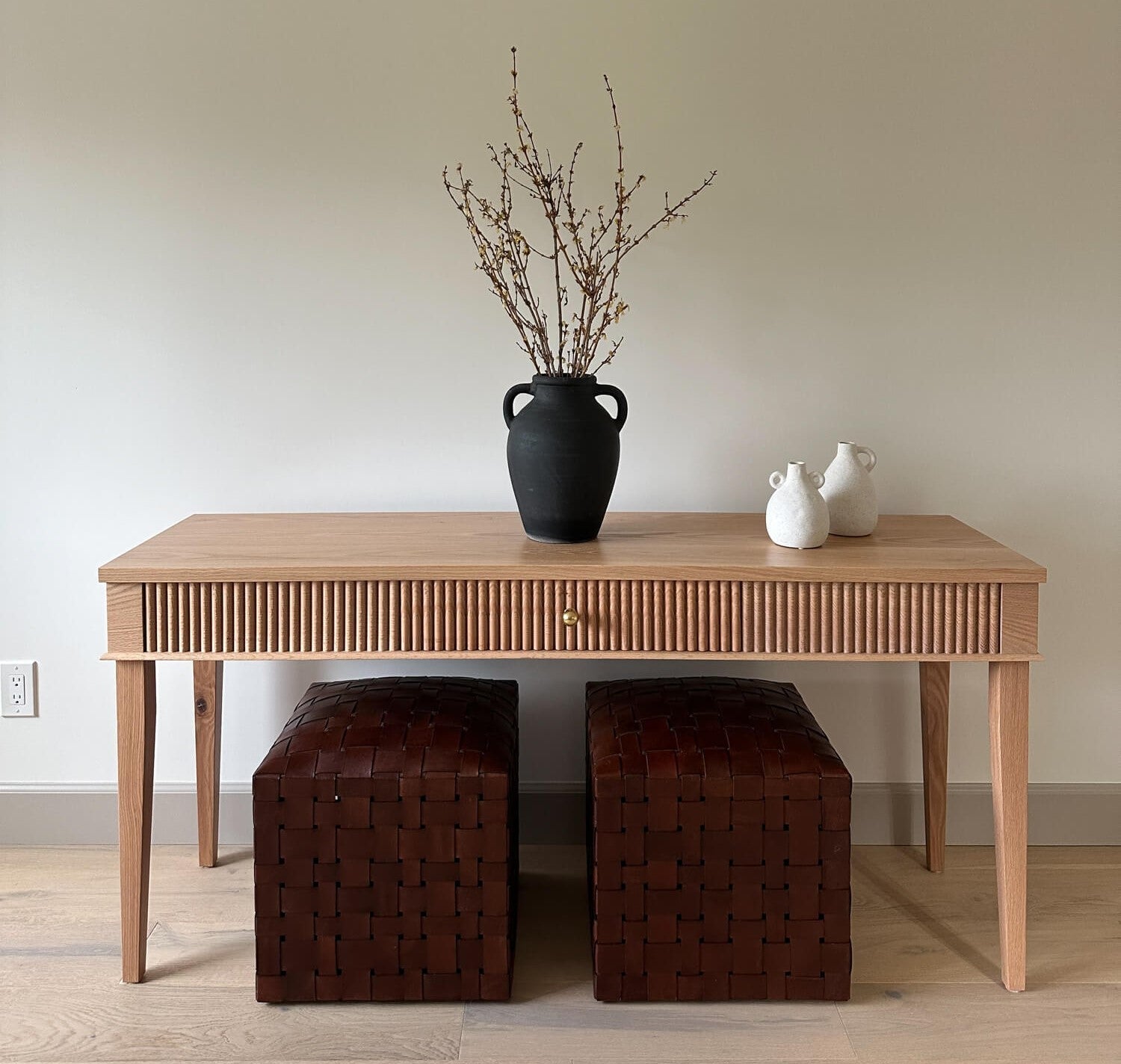 Console table project inspiration, this red oak reeded console table features beautiful detail and was finished using Oil Plus 2C hardwax oil  for interior wood projects in the colour White 5%.