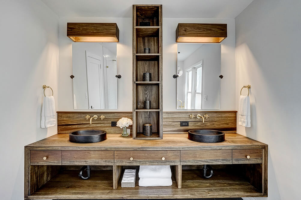 Beautiful poplar wood bathroom vanity finished with Rubio Monocoat's natural hardwax oil.