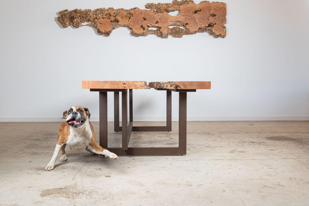 Live edge wooden river table finished with Rubio Monocoat.