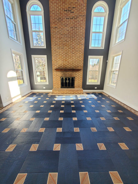 Basketweave floor treated with Rubio Monocoat Pre-Aging Fumed Intense and finished using Oil Plus 2C Midnight Indigo prior to finishing the small square pieces.