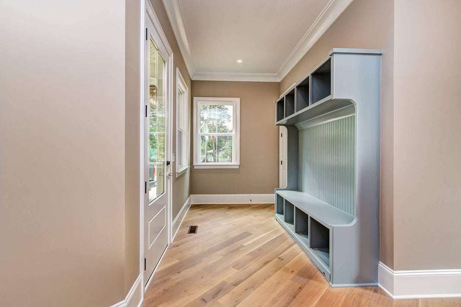 Entry way with engineered white oak floors finished with Rubio Monocoat Oil Plus 2C.