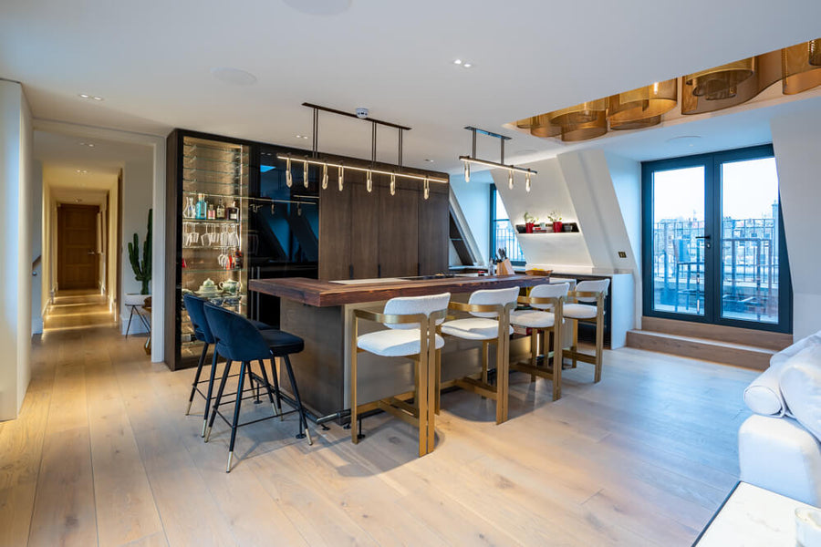 Oak veneered kitchen cabinetry in a modern setting finished with Rubio Monocoat Oil Plus 2C hardwax oil wood finish.