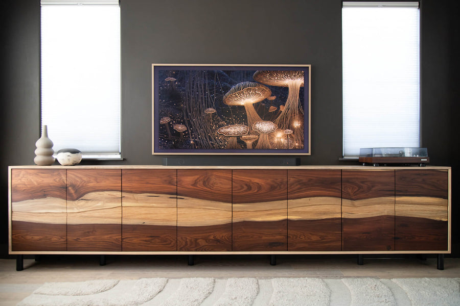 A record console storage cabinet made from Bolivian rosewood and white oak, finished using Rubio Monocoat Oil Plus 2C hardwax oil wood finish.