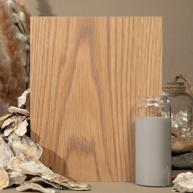 Oil Plus 2C Oyster is a hardwax oil wood stain and finish with soft warm light taupe tone and a coastal, natural aesthetic.