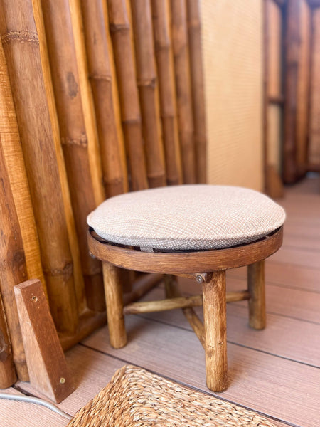 A stool made from recycled materials and finished using Rubio Monocoat DuroGrit exterior wood finish.