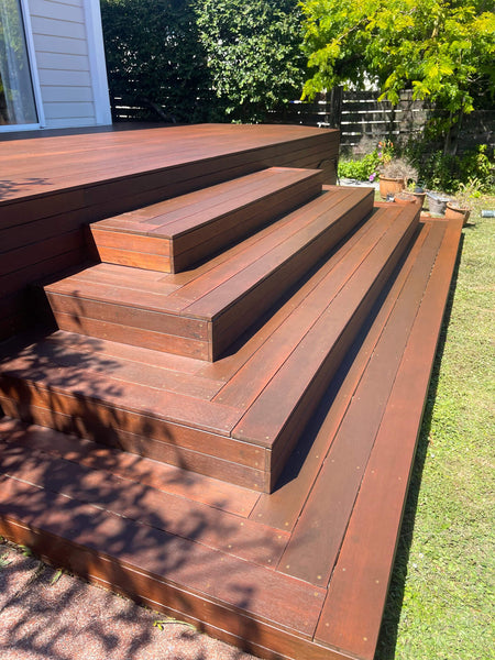 Wooden deck steps colored and protected with DuroGrit, an exterior wood finish for all exterior wood projects and species.