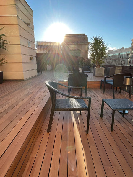 A multi-level wood deck finished with DuroGrit, a durable outdoor wood finish.