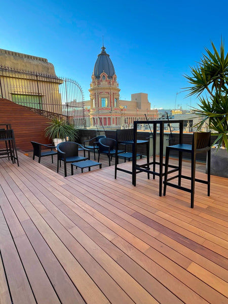 Beautiful wood decking on a rooftop terrace finished with Rubio Monocoat DuroGrit exterior wood finish.