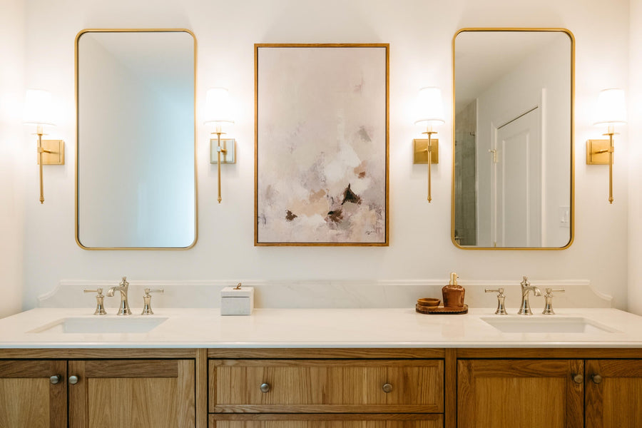 A modern traditional bathroom with a double vanity made from white oak and finished using Oil Plus 2C hardwax oil wood finish.