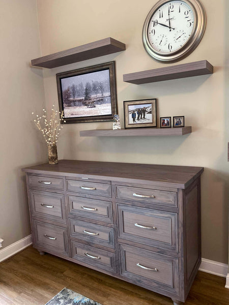 Solid walnut buffet with matching floating shelves finished with Rubio Monocoat Oil Plus 2C.